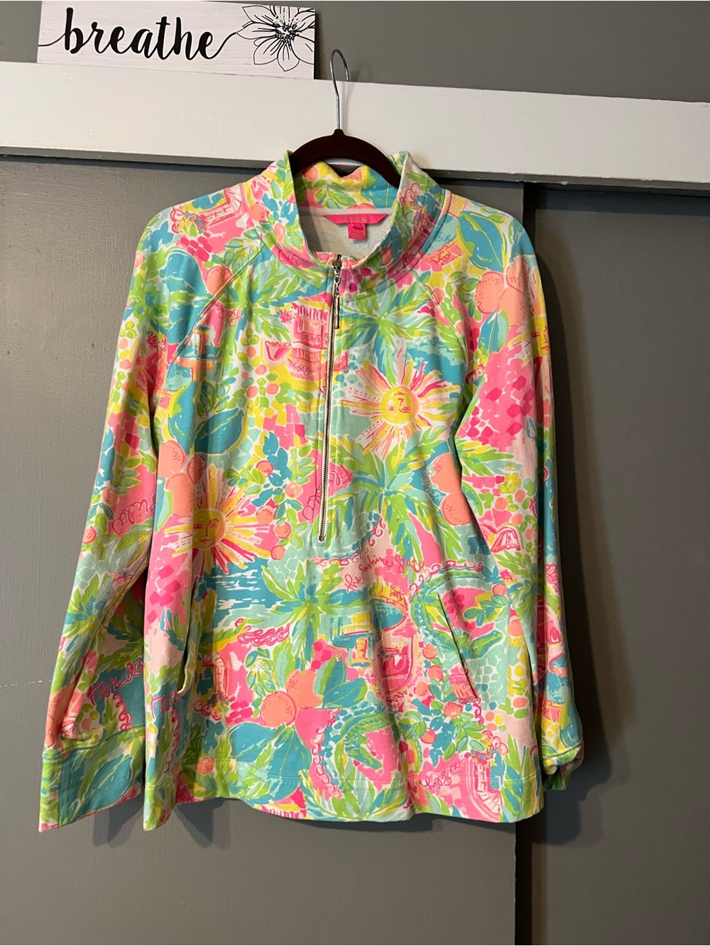 Lily Pulitzer Bright Floral Quarter-Zip Pullover Top - Pink & Teal